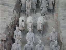Soldaten en paarden bij het terracottaleger in Xian